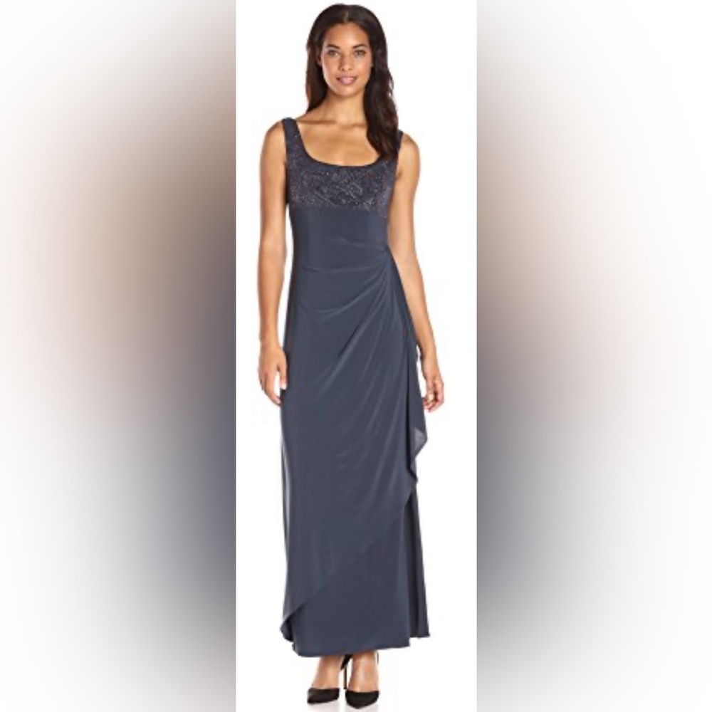 Alex Evenings Long Side Ruched Glitter Jacquard Knit Jersey Gown Size 6 NWT